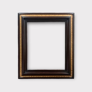 May include: A rectangular picture frame with a dark brown finish and a gold inner border. The frame has a classic, ornate design, suitable for displaying artwork or photographs. The frame is empty, with a white background visible.