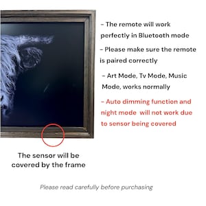 Puede incluir: Una imagen enmarcada en blanco y negro de una vaca Highland con texto que explica que el mando funciona en modo Bluetooth, los modos Arte, TV y M&uacute;sica funcionan normalmente, pero la atenuaci&oacute;n autom&aacute;tica y el modo noche est&aacute;n desactivados.