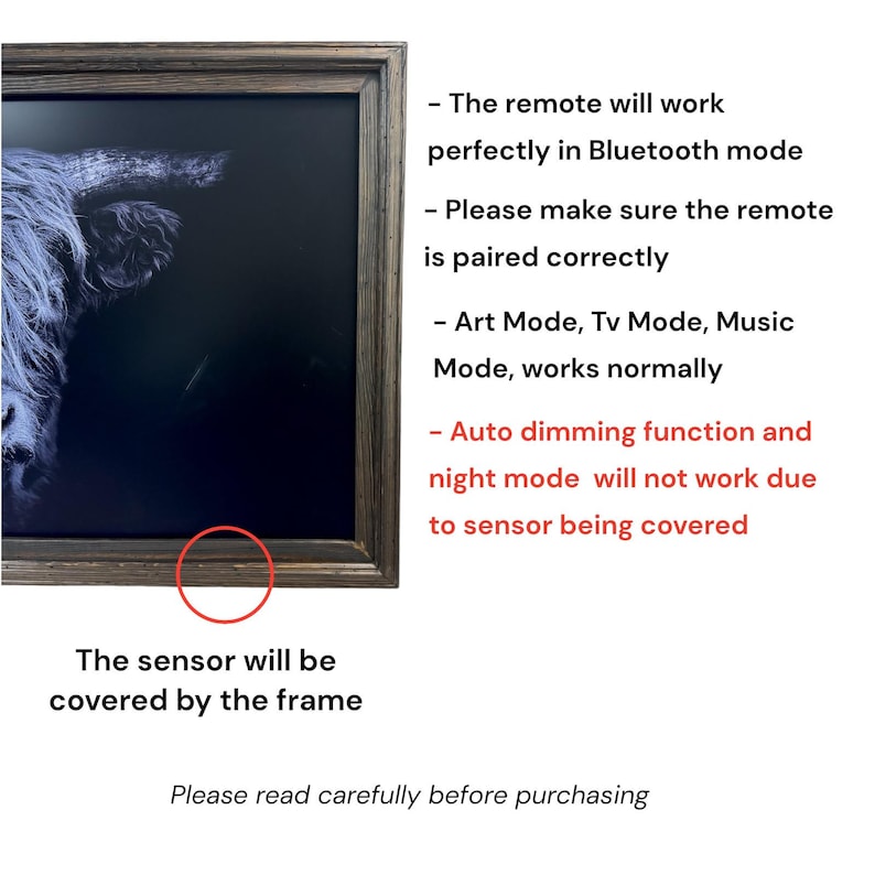 Puede incluir: Una imagen enmarcada en blanco y negro de una vaca Highland con texto que explica que el mando funciona en modo Bluetooth, los modos Arte, TV y M&uacute;sica funcionan normalmente, pero la atenuaci&oacute;n autom&aacute;tica y el modo noche est&aacute;n desactivados.