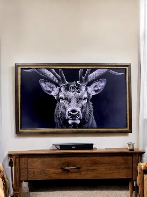 32" to 75" Inch TV frame for Samsung The Frame TV and Frame Pro TV models, Rustic Dark Wood with Burlap, does not work for other TVs.