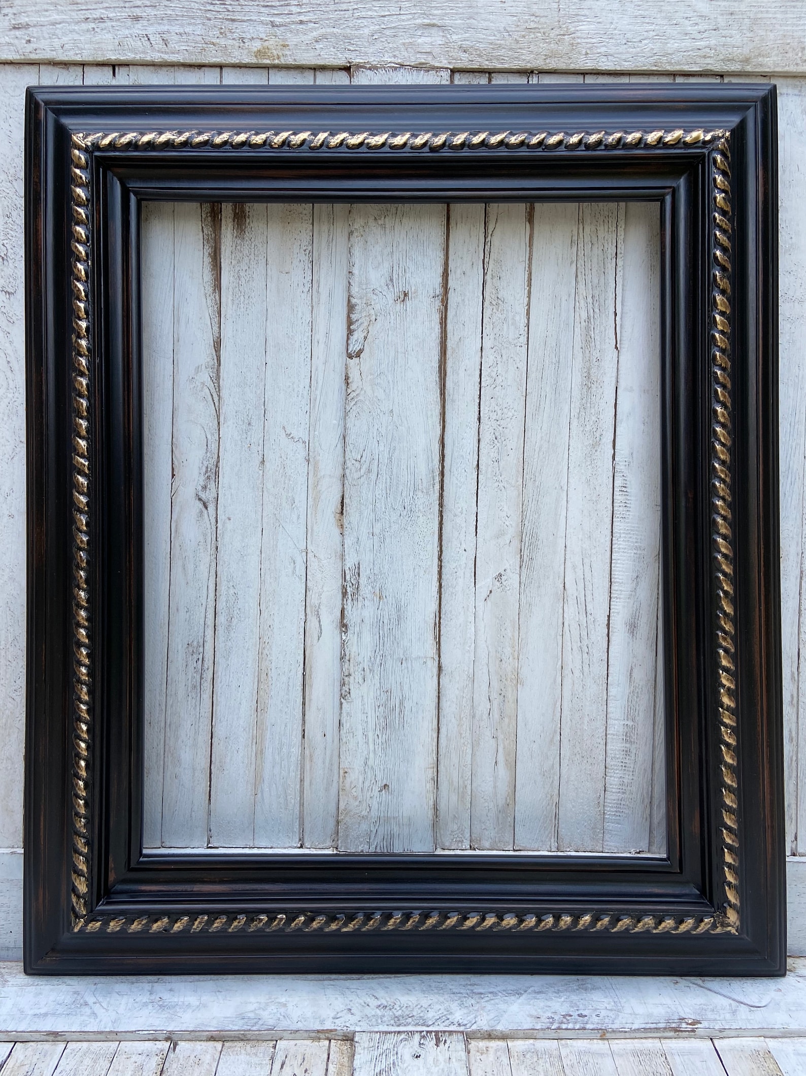 Vintage Black Picture Frame,distressed Black With Gold Accents, Antique