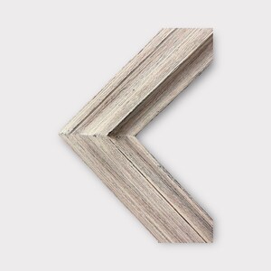 May include: A whitewashed wood picture frame with a beveled edge and a simple, angled design.