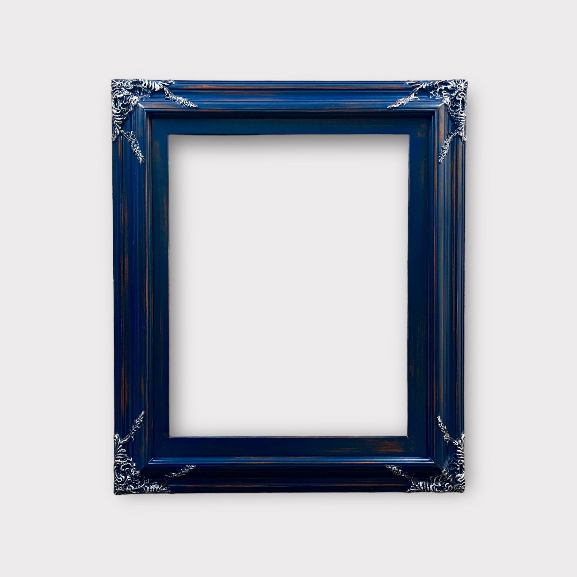 Classic Ornate Wood Frame, DISTRESSED BLUE With SILVER Leaf