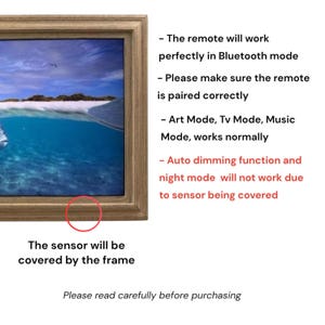 May include: A square television screen displaying an underwater ocean scene with a light brown wooden frame. Text notes that the remote works in Bluetooth mode, Art, TV, and Music modes function, but auto dimming and night mode are disabled.