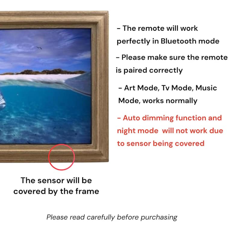 May include: A square television screen displaying an underwater ocean scene with a light brown wooden frame. Text notes that the remote works in Bluetooth mode, Art, TV, and Music modes function, but auto dimming and night mode are disabled.