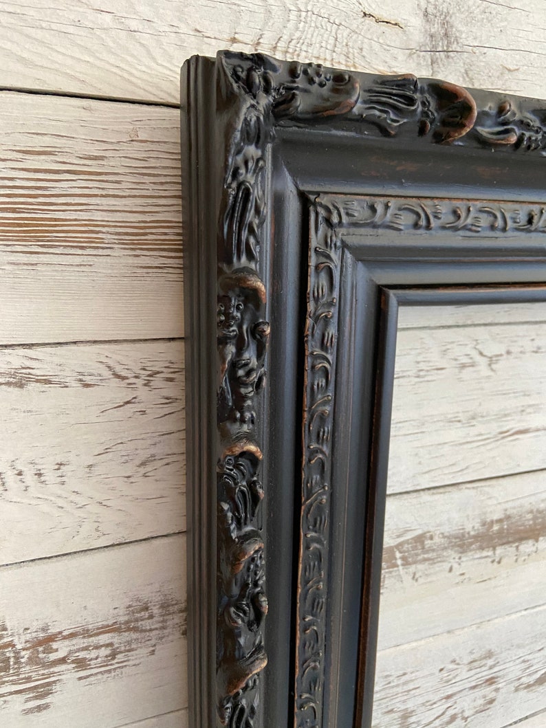 Vintage style Black wood picture frame with compo ornate trim canvas