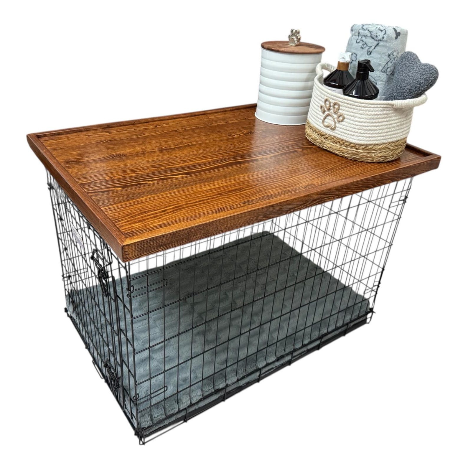 Dog Kennel Wood Topper with safety lip, ENGLISH CHESTNUT STAIN , handmade from real hardwood, dog crate top - 28 x 42 inches