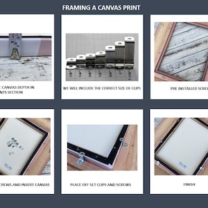 May include: A step-by-step guide for framing a canvas print. The images show the process, including providing canvas depth, selecting clips, pre-installed screws, inserting the canvas, placing offset clips, and the finished product. The text includes measurements in inches.