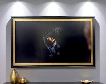 55, 65 & 75 inch Contemporary frame for Hisense Canvas TV, Satin Black with Gold leaf, Handmade, not meant for use with other TVs.