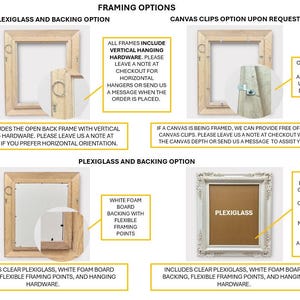 May include: Image showcasing framing options for artwork. Options include frames with and without plexiglass, and canvas clips. Text details vertical hanging hardware, and the inclusion of clear plexiglass, white foam board backing, and flexible framing points.