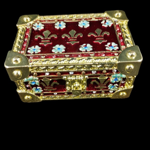 Keren Kopal Gold and Red Trunk Small Trinket Box w/Fleur De Lis and Swarovski Crystals #BX1372 Hard to Find Piece Signed