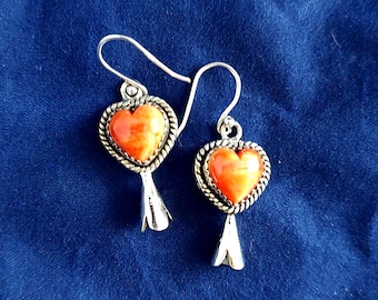 Spiny Oyster Heart Squash Blossom Dangle Earrings Sterling Silver Southwestern