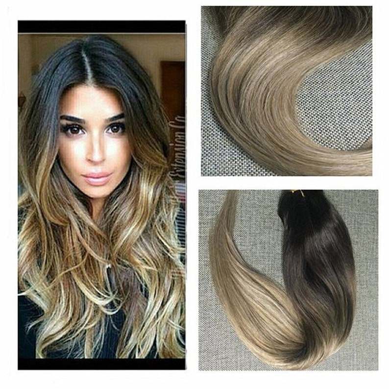 Halo Balayage Hair Extensions Real Human Hair Straight Etsy