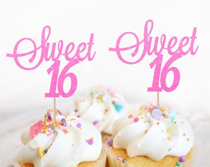 Sweet 16 Cupcake Toppers Glitter 16th Birthday Cupcake Etsy