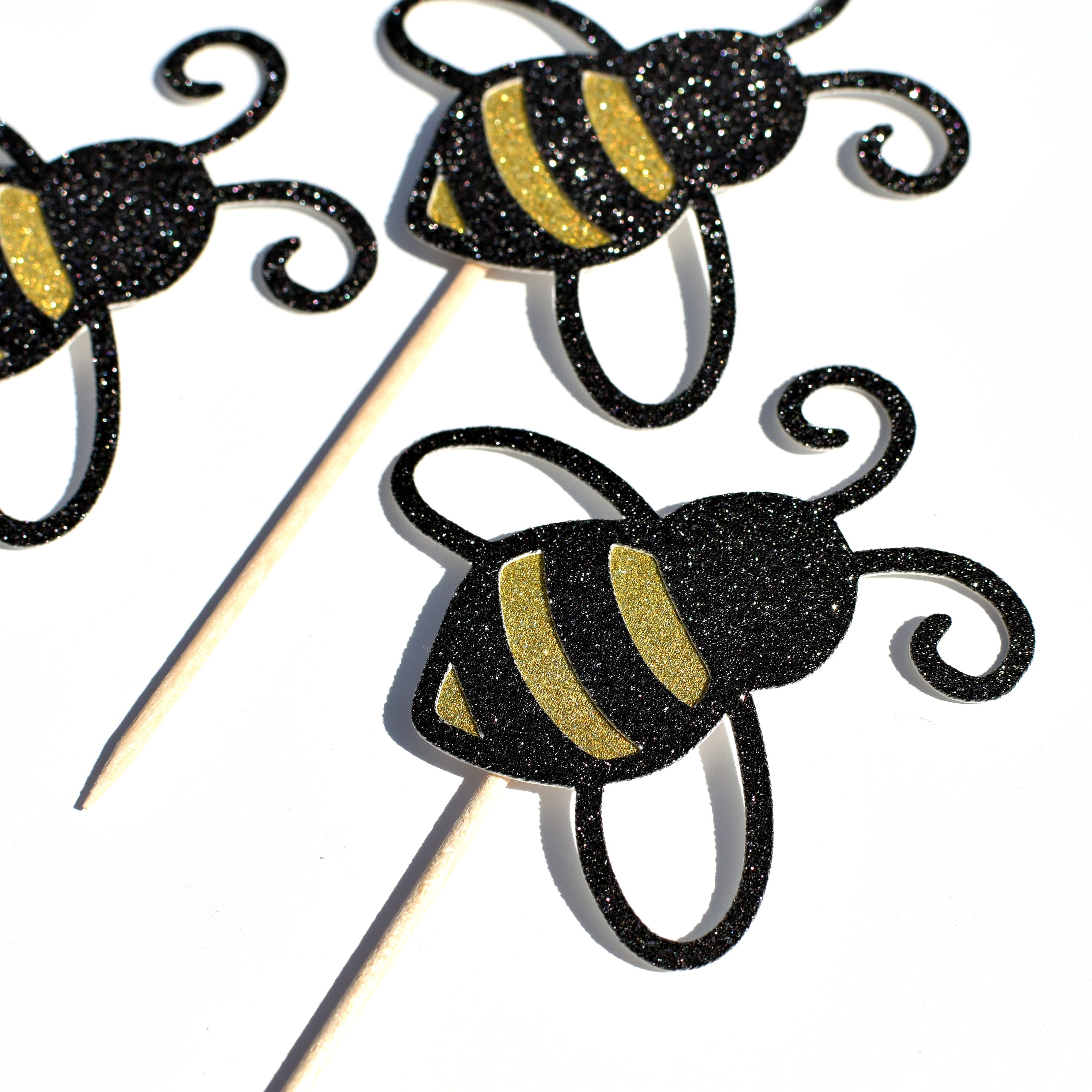 Bee Cupcake Toppers Glitter Bee Birthday Cupcake Toppers Etsy