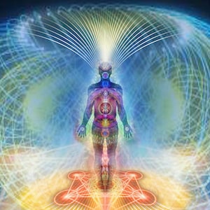 Può includere: Un'illustrazione colorata di una figura umana circondata da un'aura vorticosa e incandescente. La figura è in piedi su uno schema geometrico con una stella al centro. L'aura è un mix di blu, verde, giallo e bianco.