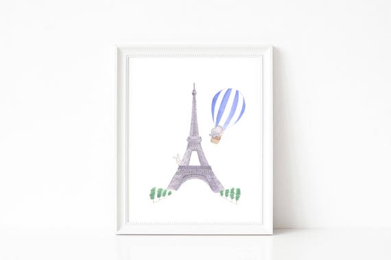 11x14 Or 16x20 Paris Nursery Balloon And Baby Elephant Watercolor Art Print Nursery Decor Baby Room Decor Baby Boy Decor
