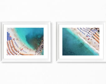 Set of 2 Cinque Terre Beach Prints, Aerial Beach Photography, Beach Photography, Beach Print Diptych, Beach Umbrella Photo