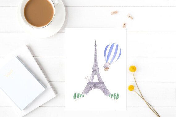 11x14 Or 16x20 Paris Nursery Balloon And Baby Elephant Watercolor Art Print Nursery Decor Baby Room Decor Baby Boy Decor