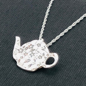 Silver Teapot Necklace, Sterling Silver Teapot Pendant with Etched Flower Design, Afternoon Tea Gift