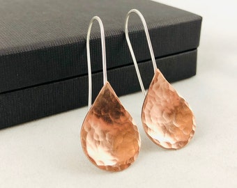 Copper and Sterling Silver Drop Earrings, Hammered Copper Earrings, Copper Teardrop Earrings, 7th Anniversary Gift