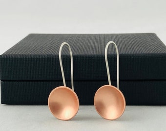 Brushed Copper and Sterling Silver Earrings, Contemporary Matte Copper Discs with Sterling Silver Earrings