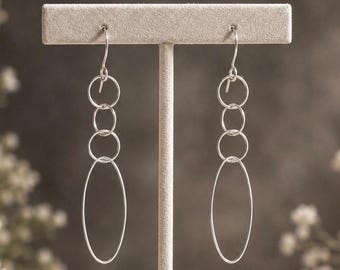 Sterling Silver Oval and Circle Drop Earrings, Minimalist Open Dangle Earrings