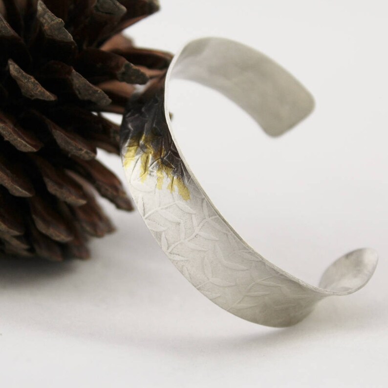 Hallmarked Bamboo Leaf Chunky Sterling Silver Cuff Bangle with 24 ct Gold Overlay Leaf Design