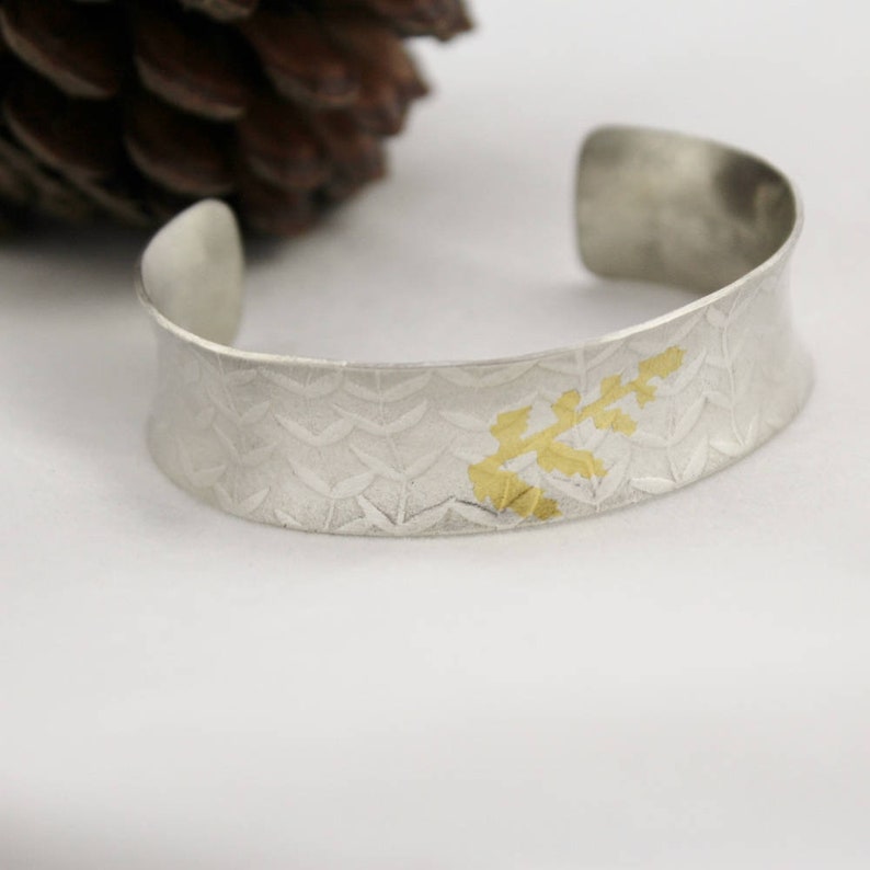 Hallmarked Bamboo Leaf Chunky Sterling Silver Cuff Bangle with 24 ct Gold Overlay Leaf Design