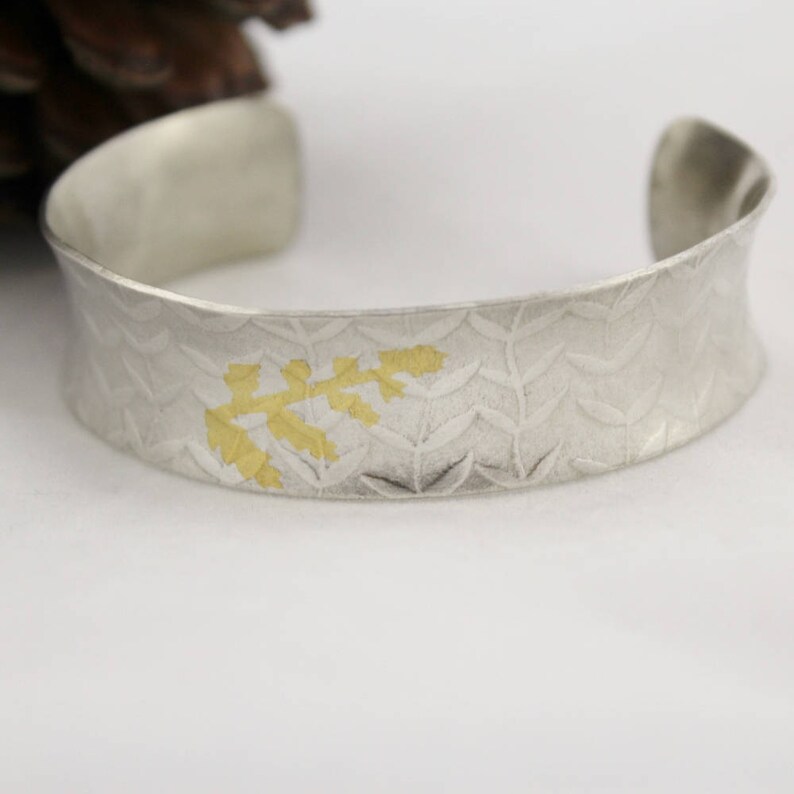 Hallmarked Bamboo Leaf Chunky Sterling Silver Cuff Bangle with 24 ct Gold Overlay Leaf Design
