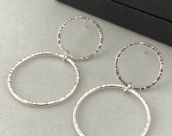 Sterling Silver Double Hoop Earrings, 925 Silver Textured Organic Circle Stud Earrings, Minimalist Long Earrings, Silver Drop Earrings