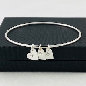 Personalised Silver Heart Charm Bangle, Solid Sterling Silver Bangle, with Letter Heart Charms, Name Initials Jewellery