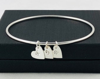 Personalised Silver Heart Charm Bangle, Solid Sterling Silver Bangle, with Letter Heart Charms, Name Initials Jewellery