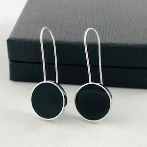 Black and Silver Earrings, Contemporary Circle Sterling Silver Earrings, 925 Silver Black Resin Drop Earrings