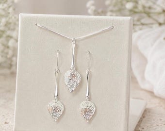 Sterling Silver Flower Necklace and Earrings Set, Etched Teardrop Jewelry