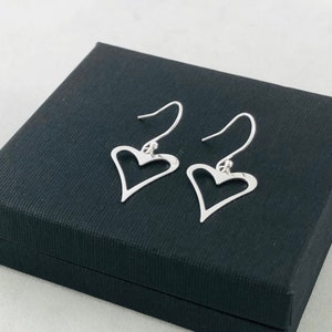 Sterling Silver Open Heart Drop Earrings: Curved Outline