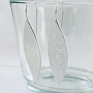 Long Textured Silver Earrings, Sterling Silver Statement Earrings with Etched Floral Design, Contemporary Long Leaf Drop Silver Earrings,