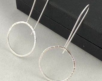 Sterling Silver Hoop Earrings, 925 Silver Textured Organic Circle Drop Earrings, Minimalist Long Earrings, UK handmade Silver Drop Earrings