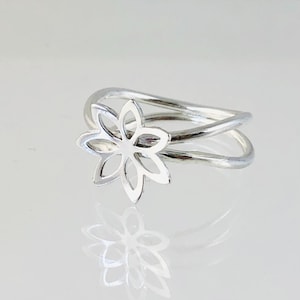 Sterling Silver Lotus Flower Ring, Solid Silver Double Ring with Silver Flower, Handcrafted 925 Silver Organic Wave Ring, Gardener Gift
