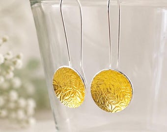 Sterling Silver Leaf Earrings: 24k Gold Keum Boo Embossed Drops