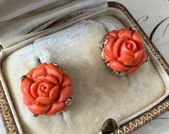 Vintage 14K Carved Coral Flower Earrings