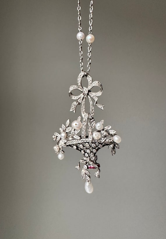 Edwardian Ruby, Diamond and Pearl Flower Basket Ne