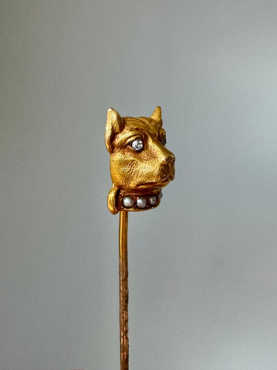 Antique 14K Bulldog Dog Stickpin with Diamond Eye… - image 3