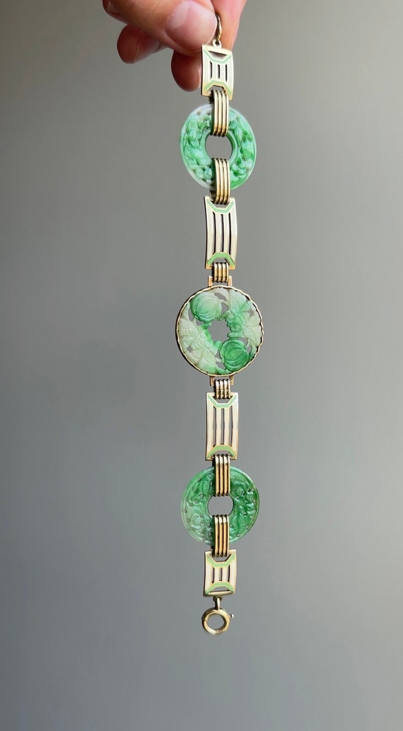 14K Art Deco Jade and Enamel Link Bracelet by Wor… - image 3