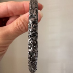 Vintage Double Dragon Silver and Bamboo Bangle Bracelet