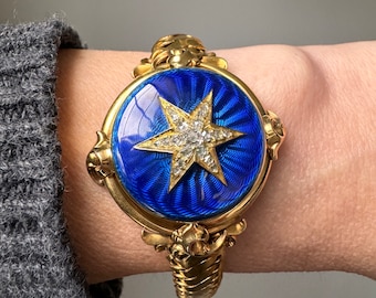 Antique Mid 19th C Blue Guilloche Enamel Locket Bracelet with Diamond Star Starburst