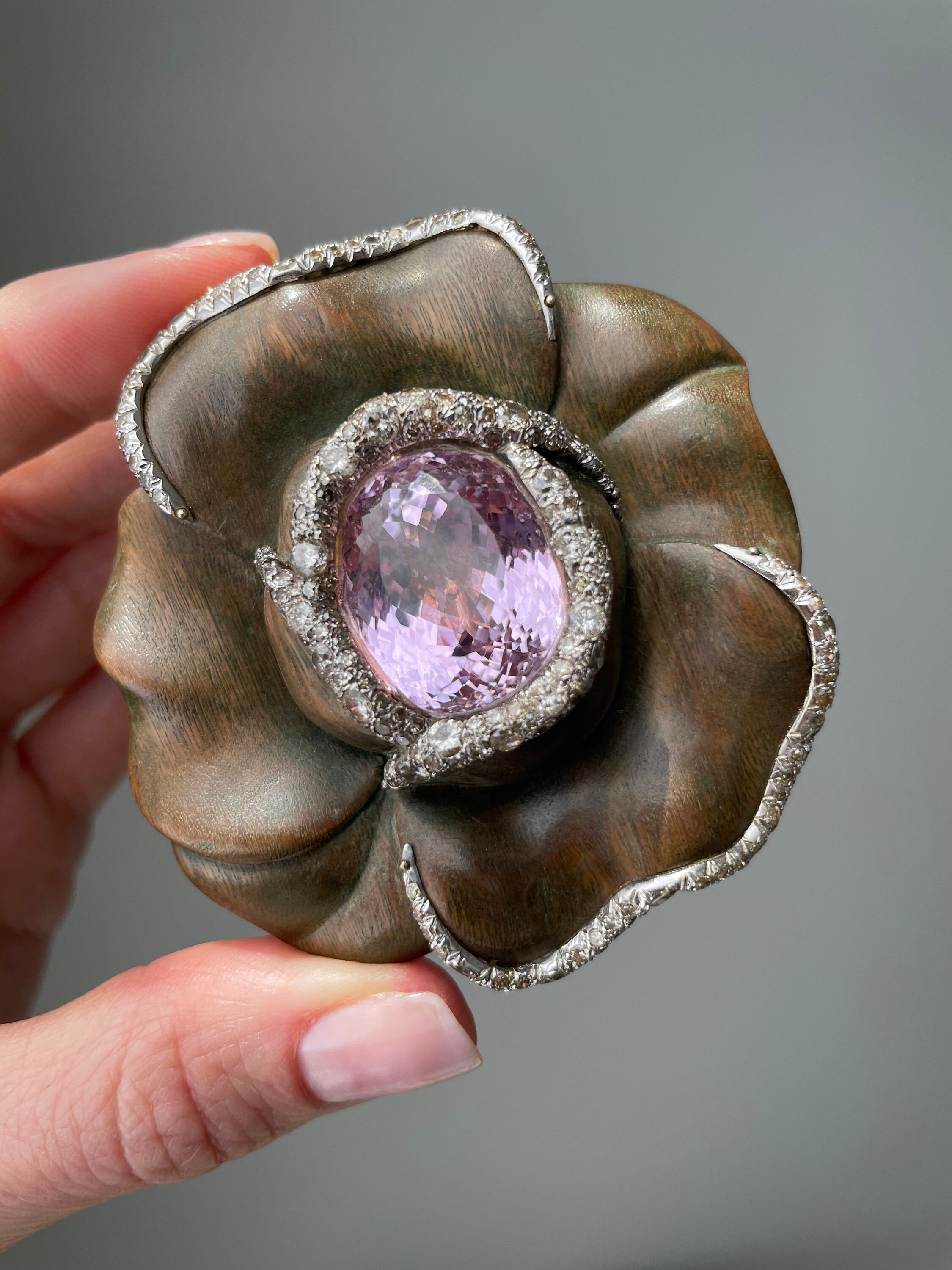 French Kunzite And Diamond Flower Brooch Carole Rochas Etsy
