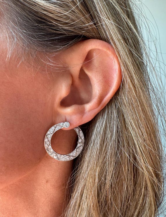 Art Deco Platinum and Diamond Forward Facing Hoop Earrings