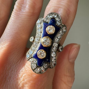 Vintage 18K Blue Enamel and Diamond Ring
