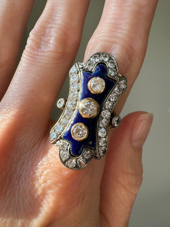 Vintage 18K Blue Enamel and Diamond Ring